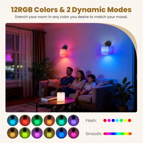 Peel and Stick Sconces Set of 2 Black, Detachable Battery Operated Wall Sconce With 10000 mah Rechargeable Bulbs, 12 RGB Battery Sconce With Remote, Renter Friendly Wall Lamps for Living Room,Bedroom - Image 5