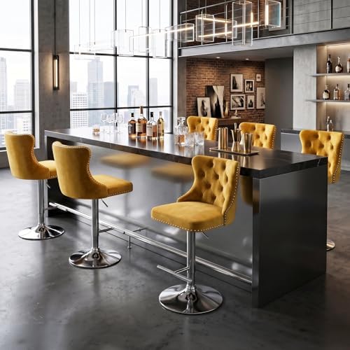 SoarFlash Velvet Bar Stool Set of 6, Adjustable Swivel Bar Stools with Silver Plated Metal Leg, Button Tufted, Footrest, Chrome Nailhead, Counter Height Chair for Kitchen, Bar, Dining Room (Gold) by SoarFlash