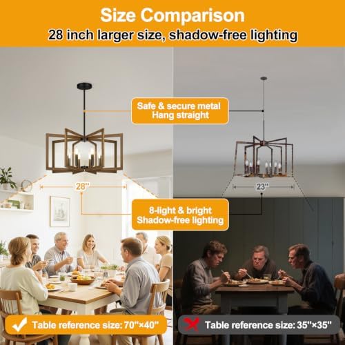25"-61" Height Adjustable Retro Wood Texture Chandelier for Dining Room, No Assembly Required Dining Room Light Fixture Over Table, Industrial Metal Pendant Lights Fixture for Kitchen Island - Image 6