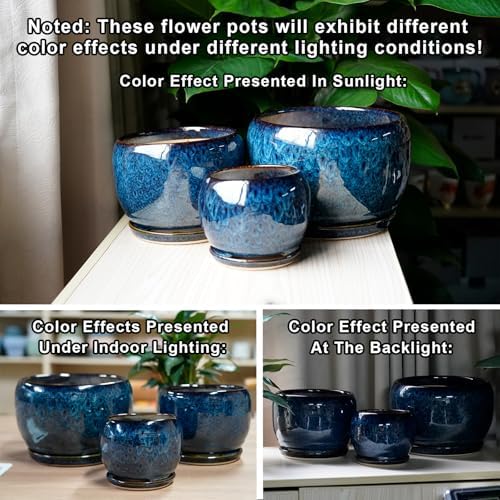 SQOWL 10 Inch Plant Pot - Ceramic Planter Pot with Drainage Hole and Saucer, Decorative Plant Pot for Indoor Outdoor Plants, Round Large Planter Flower Pot, Blue - Image 5