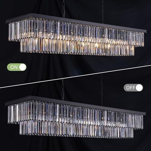 Wellmet Crystal Chandelier, 57 Inch 13-Light Black Chandelier for Dining Room Light Fixture Ceiling Hanging, Modern Rectangular Chandeliers for Kitchen Island, Living Room, Bedroom, Dining Table - Image 5