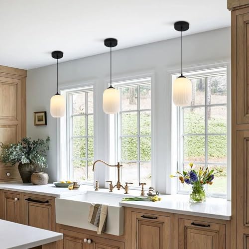 KCO 2 Pack Mini Matte Black 5.5” Ribbed Cylinder Milk Glass Pendant Lights - Image 5