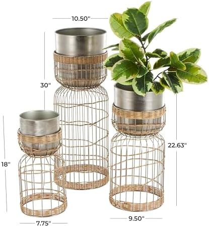 Deco 79 Metal Indoor Planter Textured Dome Large Planter Pot with Woven Rattan and Caged Rod Pedestal Base, Set of 3 Planters 30", 23", 18" H, Silver - Image 4