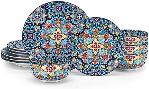 vancasso 12 Pieces Dinnerware Sets, Red Plates and Bowls Set, Porcelain Dishes Set for 4, Microwave and Dishwasher Safe, Scratch Resistant, Bohemian Style Dining Ware Service for 4, Series SIMI by vancasso