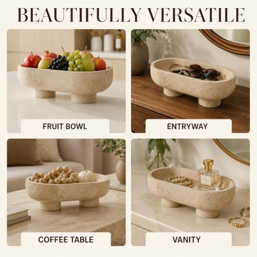 Travertine Oval Bowl with Base, 10 Inch Handmade Natural Stone Decorative Bowl for Home Decor, Modern Key Bowl for Entryway Table, Fruit Candy Dish & Candle Holder for Kitchen Countertop - Image 5