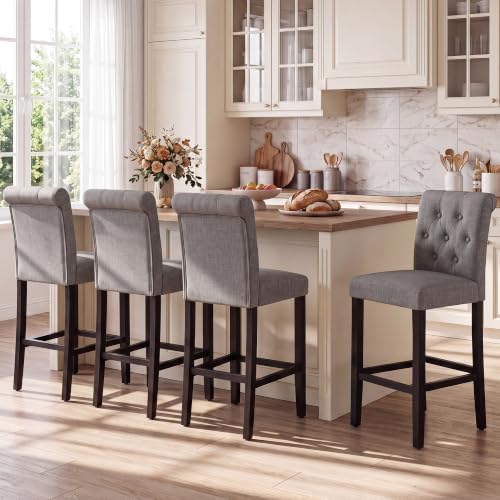 LSSBOUGHT 24 Inches Upholstered Counter Height Bar Stools, Kitchen Island Chairs,Padded Barstools with Button-Tufted Back and Solid Wood Legs Set of 4（Gray） by LSSBOUGHT