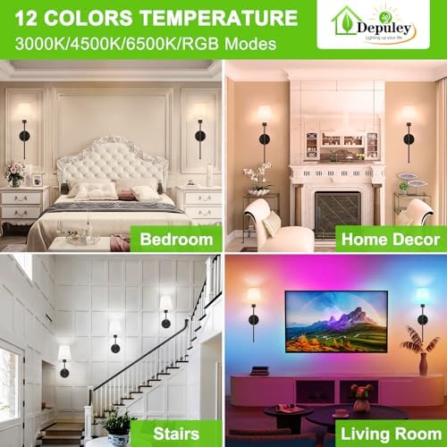Depuley Battery Operated Wall Sconce: Set of 2 Wireless Wall Lights with Remote for Bedroom - Black Rechargeable 15 Colors RGB Halloween Wall Lamp for Living Room Hallway - Image 2