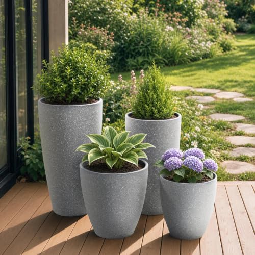 ZMTECH 4 Pack Plastic Planters 21/18/12/10in, Indoor Outdoor Round Planter for Porch, Large Plant Pot with Drainage Hole for Home Garden Front Door, Modern Decorative Pots for Plants (Light Gray) - Image 7