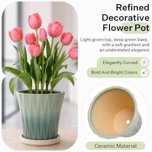 10 Inch Ceramic Planters with Drainage Hole and Saucer,Indoor Outdoor Large Flower Pots, Garden Pot for Plant Lovers (Wave Green) - Image 3