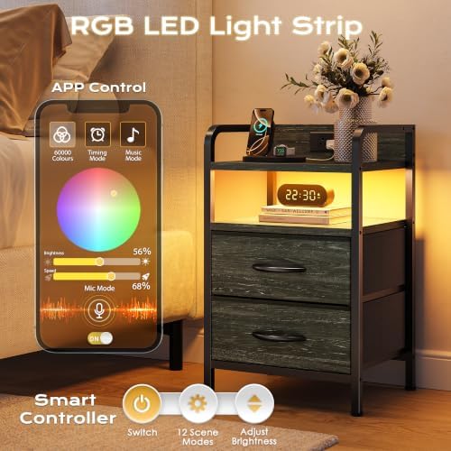 Huuger Nightstands Set of 2, Night Stand with LED Lights, Charging Station - Image 4