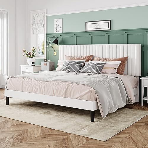 Allewie King Bed Frame, Velvet Upholstered Platform Bed with Adjustable Vertical Channel Tufted Headboard, Mattress Foundation with Strong Wooden Slats, Box Spring Optional, Easy Assembly, Off-White - Image 3