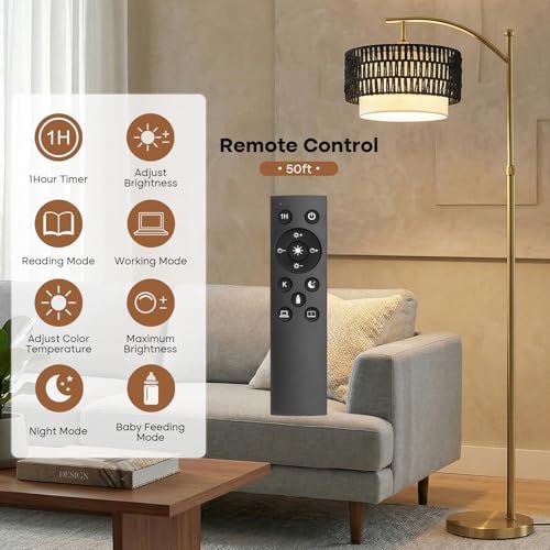 Arc Floor Lamp for Living Room with Remote, 57.5"-67" Height Adjust Dimmable Bulb Floor Lamps with 3 Color Temps, Boho Standing Lamp with Rattan & Fabric Shades, Farmhouse Tall Lamp for Bedroom Corner - Image 3