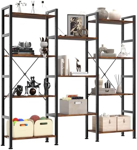 DUMOS Triple Column 4 Tier Bookshelf, Wide Industrial Bookcase, Brown by DumosLifestyle