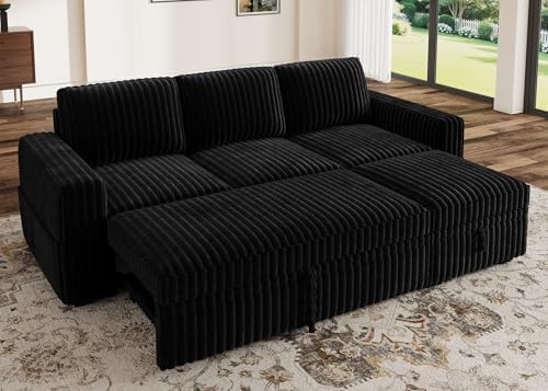 HONBAY Modular Sectional Sofa with Pull Out Bed,Corduroy L Shaped Sleeper Sofa with Storage, Sectional Couches for Living Room,Black by HONBAY