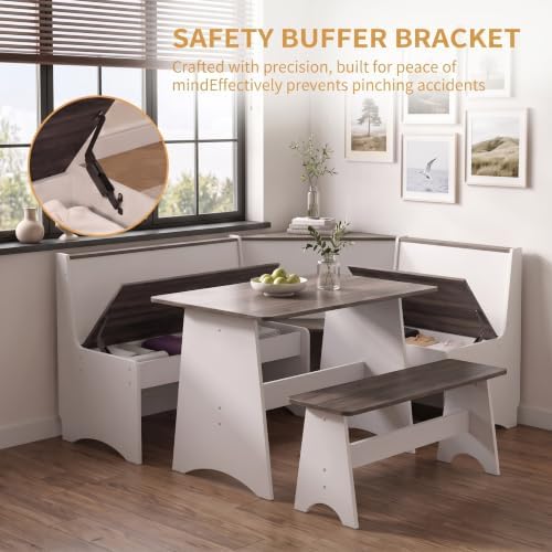 Farmhouse Breakfast Nook Table Set with L-Shaped Corner Bench & Hidden Storage – Space-Saving Dining Set for Small Kitchens, Reversible Bench Seating 3-4, Easy-Clean Waterproof Laminate (White + Gray) - Image 5
