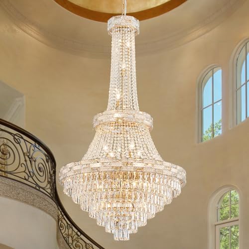 25-Light Gold Crystal Chandelier, 3-Layer High Ceiling Hanging Chandeliers Modern Large Chandeliers Light Fixture for High Ceilings,Entryway,Foyer,Staircase,Hallway,Living Room(H60 x D31) by SHAOCHIAO