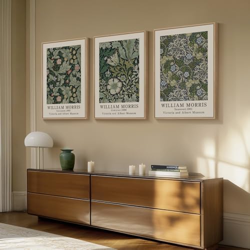 Framed William Morris Green Floral Canvas Wall Art Set of 3, 16x24 In - Image 5