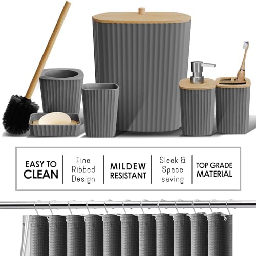 Clara Clark Bathroom Accessories Set - 27PC Bathroom Set with Adhesive Corner Shower Caddy Hanging, Bathroom Sets with Shower Curtain and Rugs, Grey Shower Curtain Set with Bathroom Trash Can - Image 4