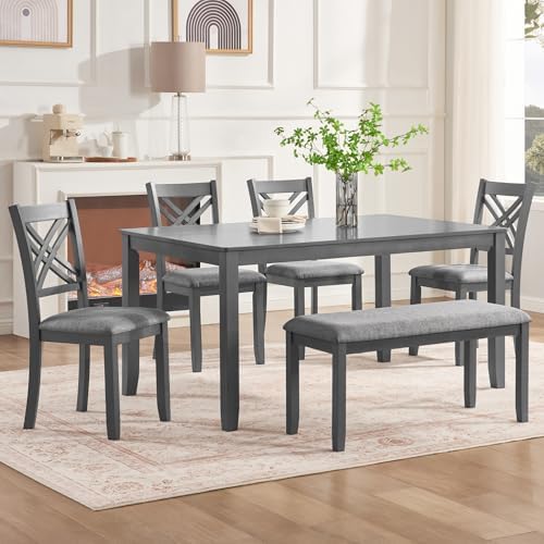 Harper & Bright Designs 6 Piece Kitchen Dining Room Set, Rectangular Wooden Dining Table with 4 X-Back Upholstered Chairs and 1 Bench, Modern Wood Furniture Set for 6 People, Grey Finish by HarperBrightDesigns