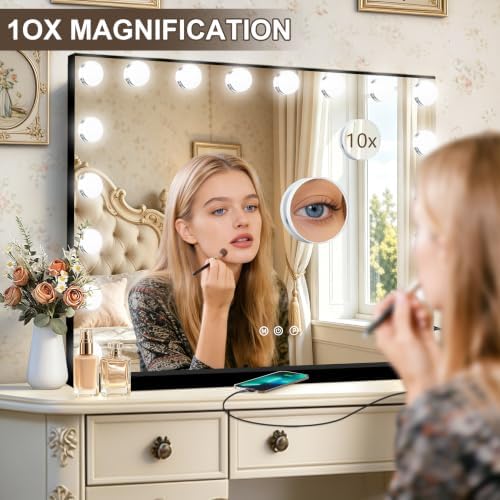 Ratsamee Black Hollywood Vanity Mirror with Lights, 18 Dimmable Bulbs, 3 Color Lights,Make Up Lighted Mirror, Aluminum Metal Frame, USB Charging Port（32" x 24"） - Image 6