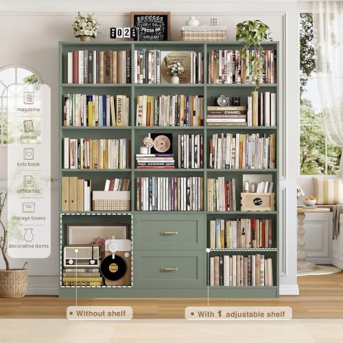 HOSTACK 71" Tall Triple Wide Bookshelf with Storage Drawers & Doors, Green - Image 5