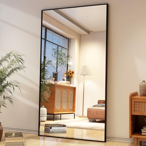 Easly 34"x76" Full Length Mirror with Stand, Large Rectangular Floor Mirror for Bedroom, Living Room or Closet, Wall-Mounted or Freestanding, Black Aluminum Alloy Frame by EASLY
