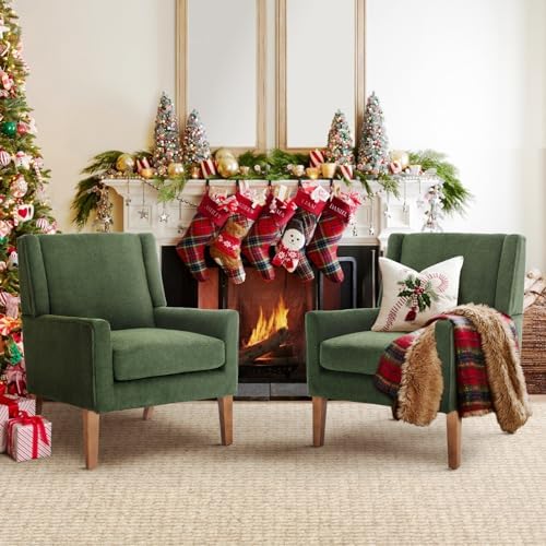 COLAMY Modern Wingback Living Room Chair Set of 2, Upholstered Fabric Accent Armchair, Single Sofa Chair with Lounge Seat and Wood Legs for Bedroom/Office/Reading Spaces, Green by COLAMYHOME