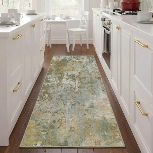 2x5 Green Rug Runners for Hallways Kitchen Non Slip Washable Entryway Runner Rugs with Rubber Backing 5ft Long Carpet Runner for Laundry Bedroom, Low Pile Stain & Fade Resistant, Abstract Sage Green by Acapet