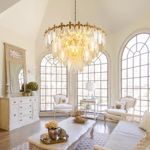 KELUOLY Modern Large Crystal Chandelier, 4-Layer Gold Glass Chandelier, 12 Light Round Antique Ceiling Pendant Light, 31.5 Inchs Adjustable Height for Foyer, Living Room, Bedroom, Dining Room - Image 2