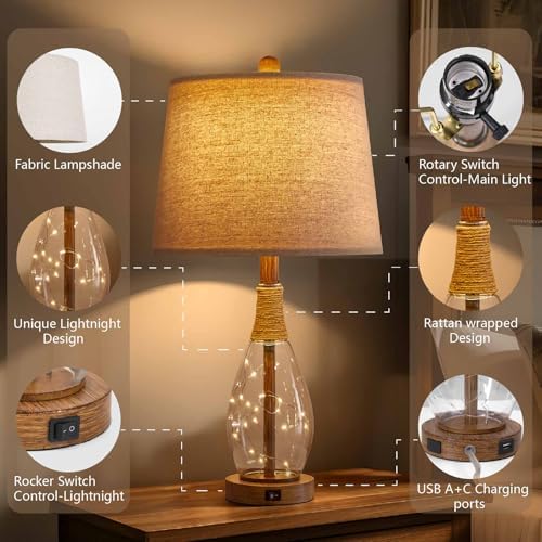 OYEARS 23" USB A+C Table Lamp for Bedroom Living Room Modern Bedside Lamps Retro Farmhouse Rattan Glass Nightstand Nightlight Lamps,Two Light Points - Image 3