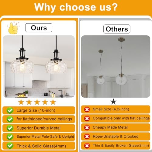 Modern Pendant Lights Kitchen Island, Matte Black Pendant Light Fixtures with 10" Clear Hammered Glass Shade, Industrial Hanging Pendant Lights Fixture for Kitchen Island Dining Room Bedroom Entryway - Image 2