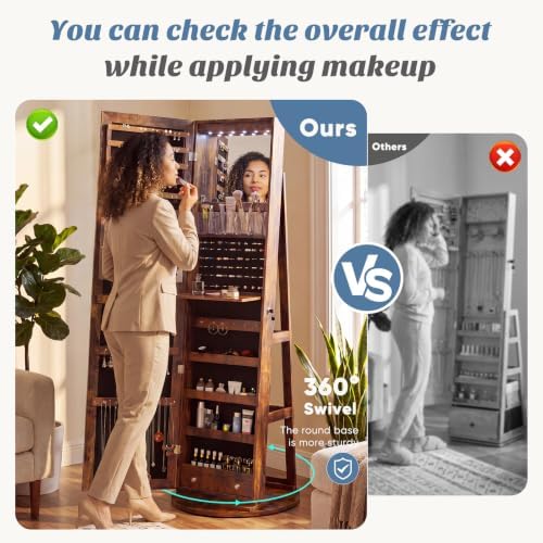 OLIXIS 360° Swivel Jewelry Cabinet with Light, Lockable Full Length Mirror - Image 5