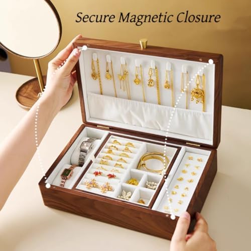 Bescott 2 Layer Solid Black Walnut Wooden Jewelry Box for Women Wood Vintage Organizer for Men Earrings Rings Necklaces Bracelet Watch Storage - Image 4