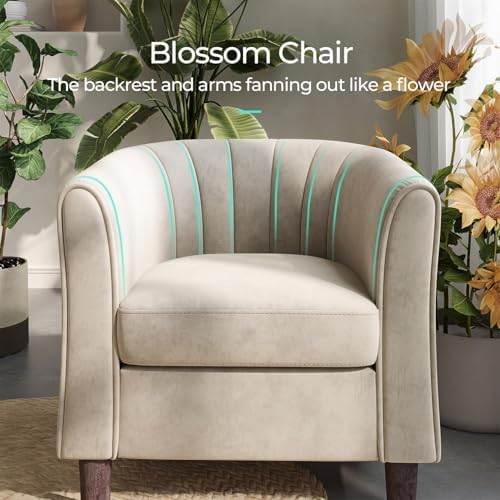 LINSY Accent Chair with Ottoman, Modern Armchair Comfy Barrel Reading Chair with Footrest for Living Room Bedroom Reading Room, Velvet, Cream - Image 4