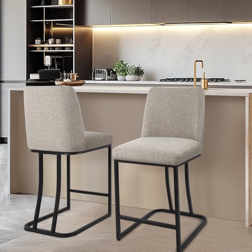 Counter Height Bar Stools Set of 2, 24 Inch Seat Height Bar Chairs for Kitchen Island, Linen Fabric Upholstered Barstools with Metal Feet for Dining Room, Sand Color by KRAMZMINGQualityHome