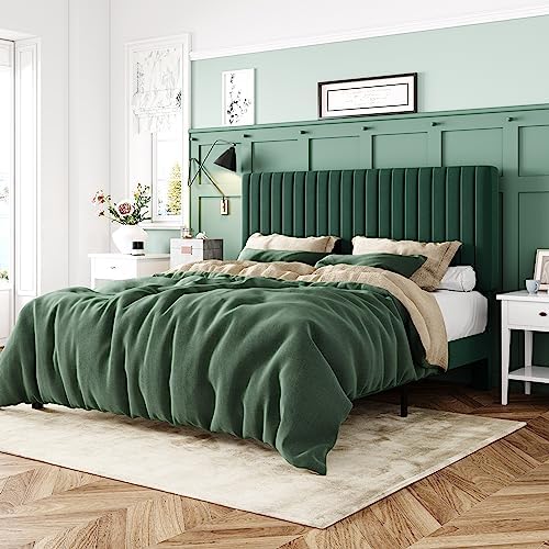 Allewie Queen Bed Frame, Velvet Upholstered Platform Bed with Adjustable Vertical Channel Tufted Headboard, Mattress Foundation with Strong Wooden Slats, Box Spring Optional, Easy Assembly, Green by Allewie