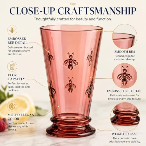 French Bee Highball Glasses | Set Of 6 | Colored Drinking Glass 13 OZ, Old Fashioned Glasses with Bees Embossed Design, Fine Crystal French Glassware, Drinking Glasses, Heavy Water & Juice Glasses - Image 3
