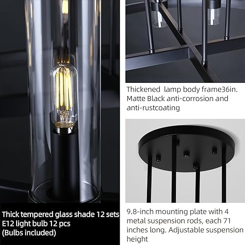 12 Light Black Round Chandelier 36'' Wagon Wheel Chandeliers for Dining Room Light Fixture Clear Glass Tube Chandelier Modern Farmhouse Chandeliers for Living Room Bedroom, Bulb Included - Image 6