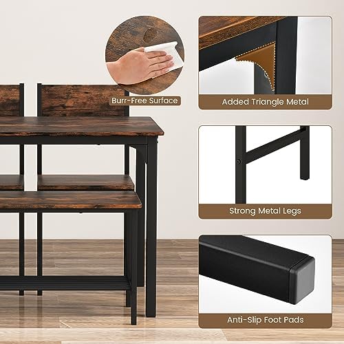 COSTWAY Dining Table Set for 4 w/Bench & 2 Chairs, Storage Racks, Coffee - Image 4
