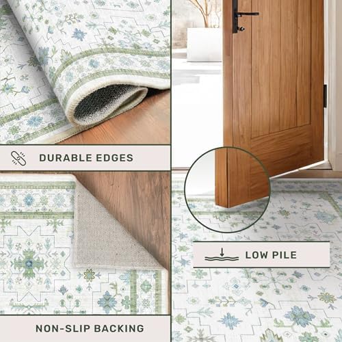 Hazo Haus Washable Oushak Bathroom Runner Rug 2x5 - Eclectic Boho Floral Pastel, Non Slip Low Pile Stain Resistant Small Throw Rug for Bedroom, Laundry Room, Powder Room, Cream Green - Image 5