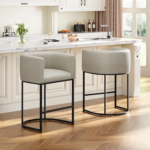 26" H Counter Height Bar Stools Set of 2, Modern Barrel Counter Stools with Backrest and Arms, Faux Leather Upholstered Accent Barstools for Kitchen Island,Support 450 LBS (Grayish White) by VATROS