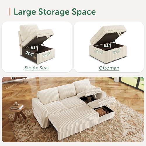 HONBAY Modular Sectional Sofa with Pull Out Bed,Corduroy L Shaped Sleeper Sofa with Storage, Sectional Couches for Living Room,Beige - Image 5