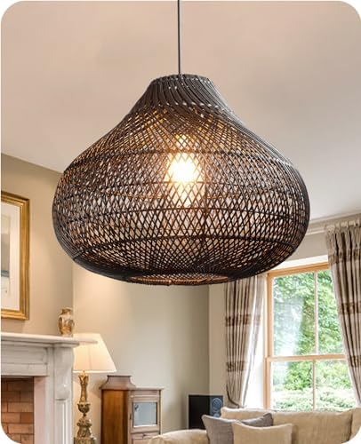 Karjear Black Rattan Chandelier, 16.5 inch Large Wicker Pendant Lights Fixture Hand-Woven Basket Hanging Light for Dining Room Kitchen Island Living Room by Karjearl