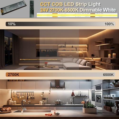 CCT COB LED Strips Light Kit,2700K-6500K,32.8ft/10m,Dimmable & Cuttable,24V Tape Strip with Smart Transformer,Remote/App/Alexa Voice Control,for Bedroom,Shelves,Kitchen Under Cabinet Lighting - Image 2
