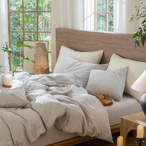MooMee Wavy Striped Duvet Cover Set 100% Washed Cotton Linen Like Textured Breathable Durable Soft Comfy (Light Grey, Queen 90"x90") - Image 4