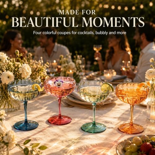 Khen Flower Modern Wavy Glass Coupes Martini, Champagne & Cocktail Coupes - Set of 4-7.7 oz Colorful Cocktail Glasses for Champagne, Prosecco, Mimosa - Copyright Design - Muted Pastel Colors - Image 5