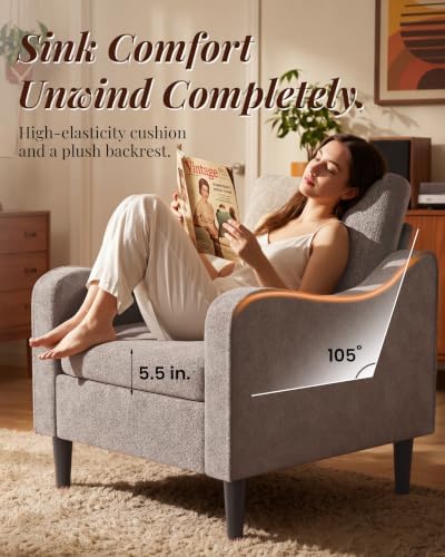 LEVELEVE Accent Arm Chair – Light Brown, Upholstered Scooped Comfy Reading Chair for Living Room, Bedroom, Apartment, Waiting Room - Image 6