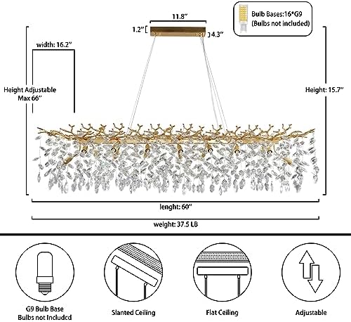 60" Modern Crystal Chandelier, 16-Light Gold Tree Branch Chandelier for Dining Room, Luxury Rectangular K9 Crystal Raindrop Chandeliers Light Fixture for Kitchen Island, Living Room, Foyer, Bedroom - Image 4
