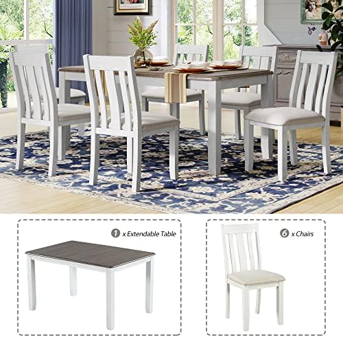 Rustic 7-Piece Kitchen Dining Table Set, Retro Solid Wood Dining Table Set for 6, Rectangle Extendable Table with 6 High Back Upholstered Chairs for Kitchen Dining Room - Image 3