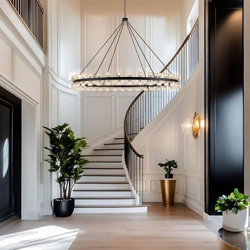70 Inch Black Wagon Wheel Chandelier with Crystal Shade, 72 Lights, Modern Farmhouse Style, Ideal for Dining Room, Kitchen, Entryways - Image 4